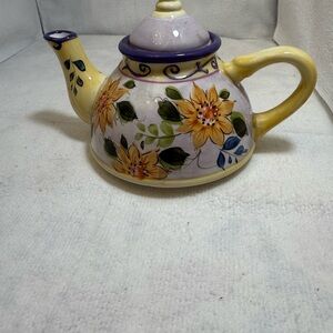 Vintage Personal Size Floral Ceramic Teapot with Yellow and Purple Accents